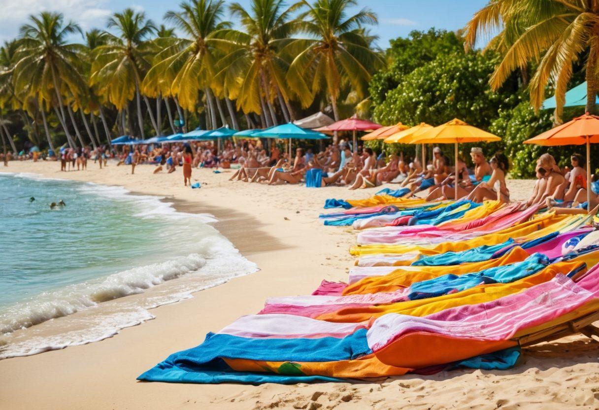 A vibrant scene of a lively beach party with colorful beachwear on diverse people enjoying the sun, some flirting playfully, surrounded by palm trees and bright beach umbrellas. The ocean sparkles in the background with soft waves lapping at the shore, while a beach volleyball game adds to the lively atmosphere. Include beach towels, sunglasses, and tropical drinks to enhance the summer vibe. super-realistic. vibrant colors. sunny mood.
