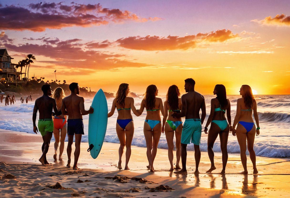 A lively beach scene filled with young people enjoying a vibrant beach party, showcasing flirtatious interactions and playful games. Sun-kissed individuals in colorful swimsuits, laughter in the air, with surfboards in the background and a stunning sunset. Include elements of casual romance, like couples sharing ice cream and friends dancing on the sand. Enhance the vibe with bright colors and a dynamic atmosphere. super-realistic. vibrant colors. golden hour lighting.