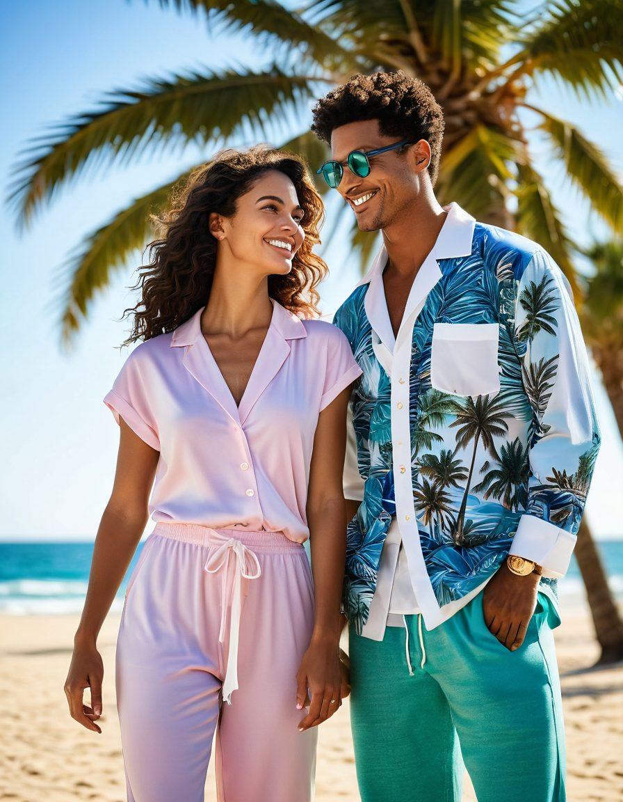 A stylish beachside scene featuring a fashionable individual in trendy loungewear, playfully engaged in flirtation with another person. Soft sunlight filters through palm trees, highlighting the relaxed vibe of a coastal setting. Include hints of romantic gestures, like shared laughter or playful glances, against a backdrop of shimmering ocean waves. Infuse the scene with vibrant colors to evoke warmth and connection. super-realistic. vibrant colors. beach background.